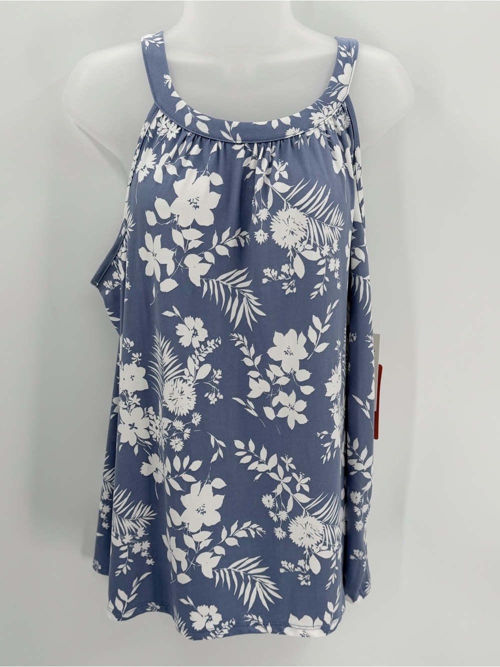 Loveappella Top Womens 1X Blue Ivory Floral Halter Tank Keyhole Back NWT READ